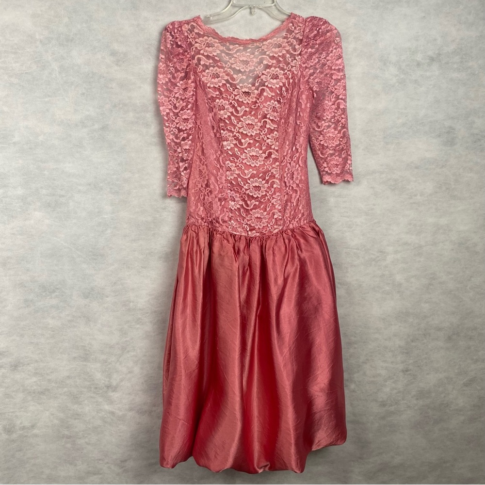 Vintage 80s Party Dress Pink Floral Lace Satin Sz 3/4P Prom Alicia Flaw